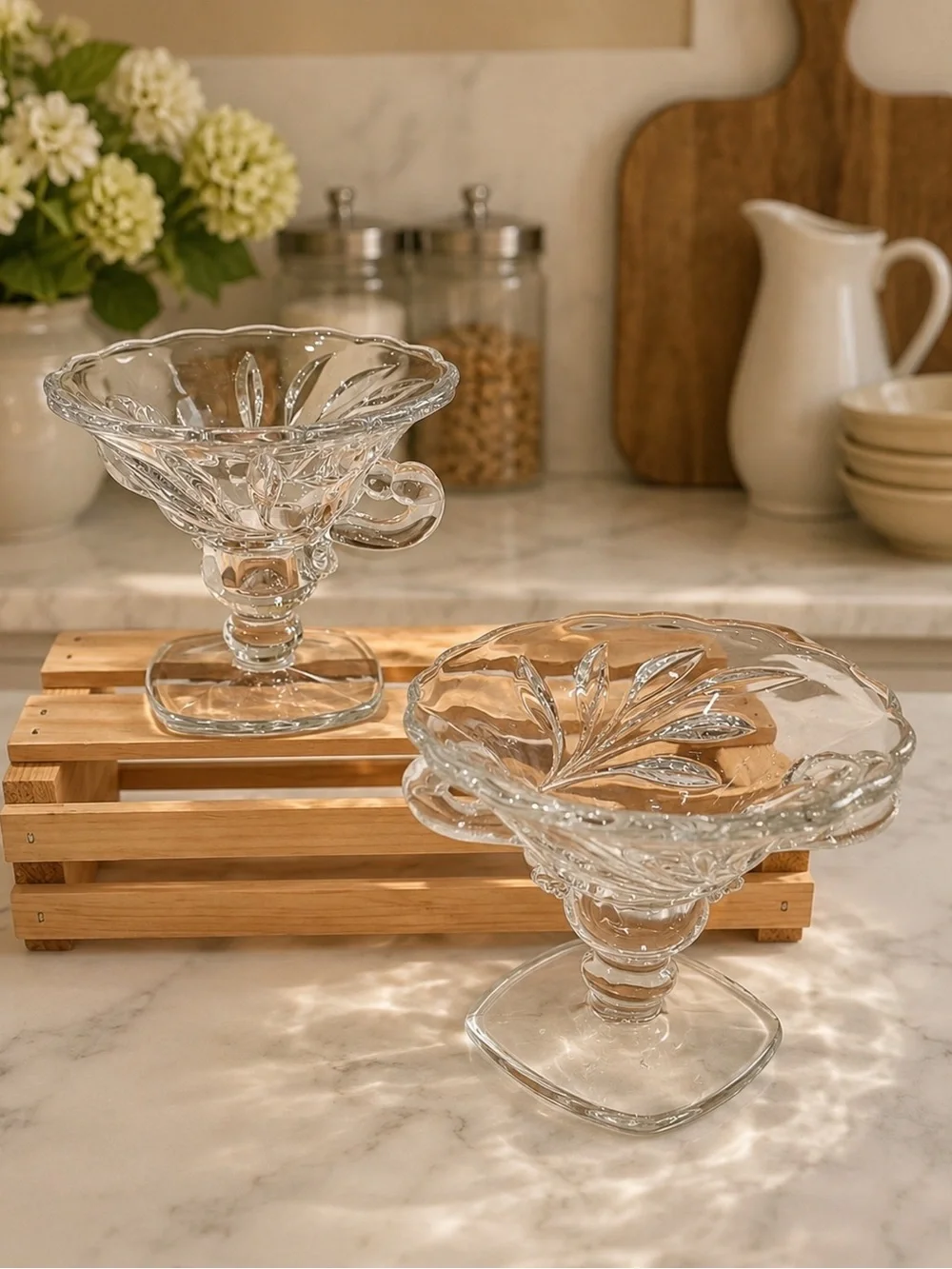 Pair (2) Vintage Indiana Glass “Willow” (Oleander) Crystal Footed Candle Holders